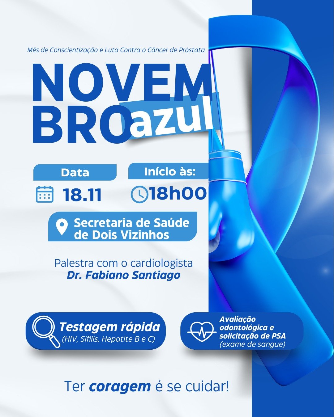 NOVEMBRO AZUL TERÁ PALESTRA E AÇÕES DE SAÚDE NESTA TERÇA-FEIRA